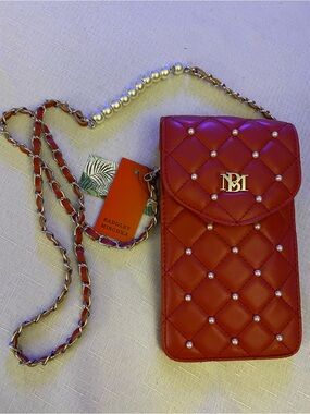 Badgley Mischka Red Quilted Pearl Chain Crossbody Phone Pouch